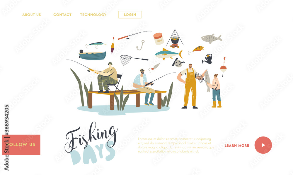 Characters Fishing Hobby Landing Page Template. Fishermen Sit on Pier with Rod Having Good Catch. Father with Daughter