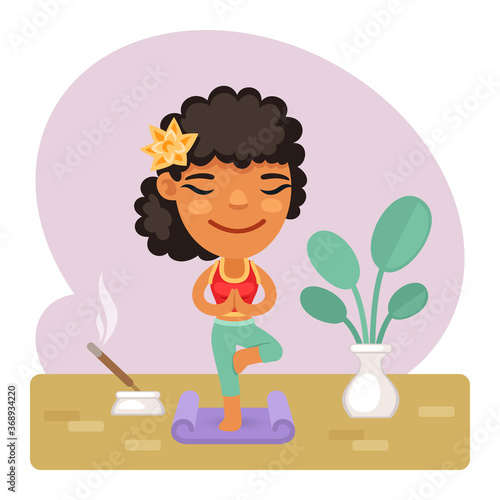 Cartoon Girl Doing Yoga Vrikshasana Tree Pose