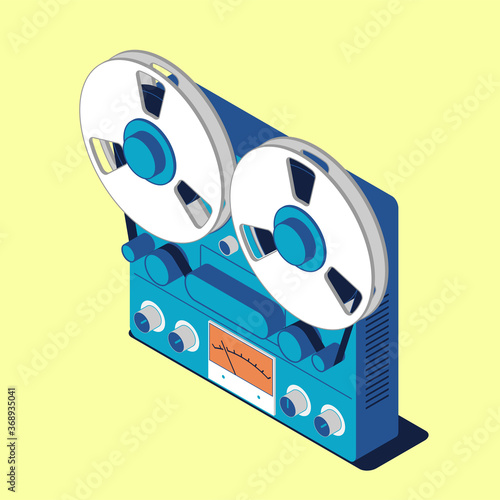 Old tape recorder in isometric style. Vector illustration of vintage musical equipment.