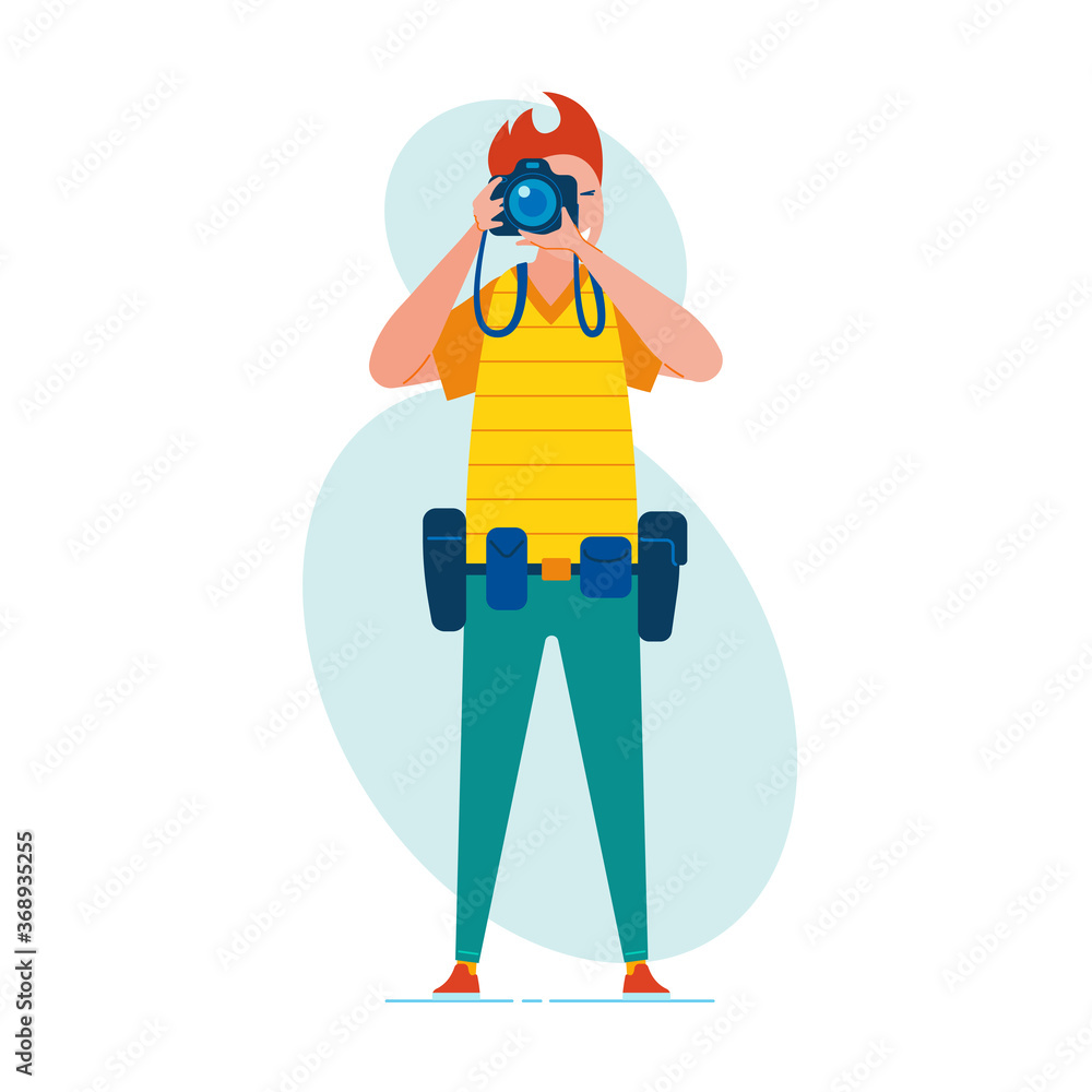Photographer with professional camera in full face. Man takes a picture. Vector illustration of a men with device for photo.