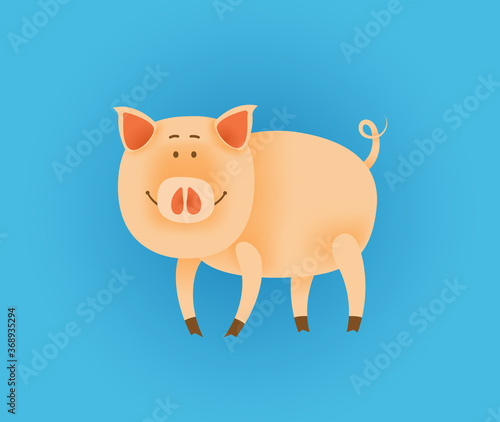 Happy little pig. Vector illustration of animal on blue background.