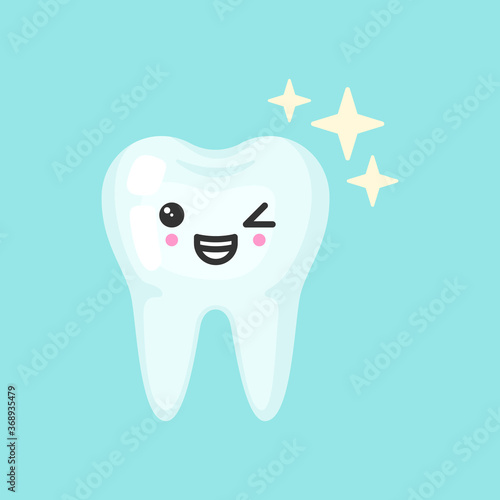 Shiny healthy tooth with emotional face, cute colorful vector icon illustration. Cartoon flat isolated image