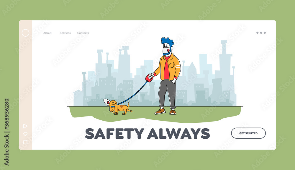 Man and Dog in Protective Facial Mask Walking Outdoors Landing Page Template. Male Character Spend Time with Pet in Park