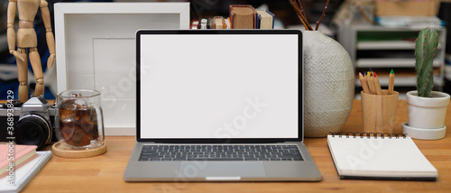 Wallpaper Mural Home office desk with laptop, stationery, coffee cup, supplies and decorations, clipping path. Torontodigital.ca