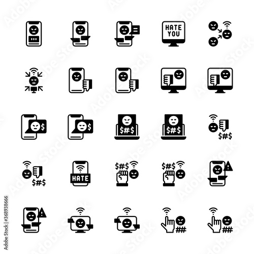Set of cyberbullying, cyberbully, bully glyph style icon - vector