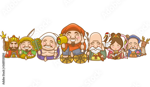 横一列に並んで座っている七福神のイメージイラスト