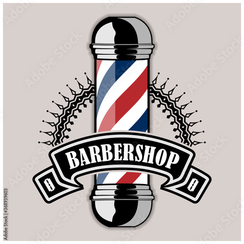 Barbershop logo, poster or banner design concept with barber pole. Vector illustration