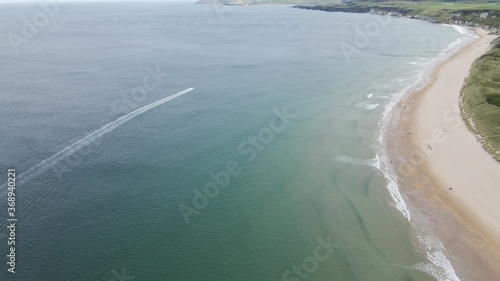 Adventure speed boat at Portrush Whiterocks beach aerial photo