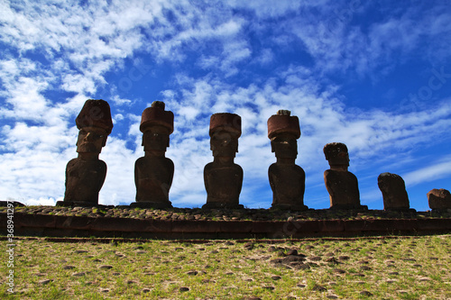 Rapa Nui. The statue Moai in Ahu Nau Nau on Easter Island, Chile