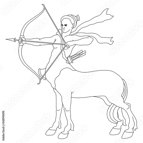 Archer Centauride or centauress. Female centaur shooting a bow and arrow. Fantastic creature. Half horse half woman. Black and white linear silhouette.