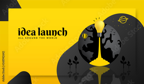 Light bulb launching out from earth on yellow background