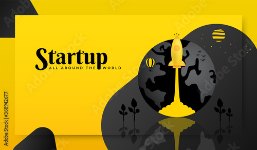 Rocket launching out from earth background, startup all around the world concept