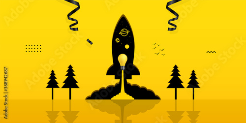 Light bulb launching inside rocket hole on yellow background