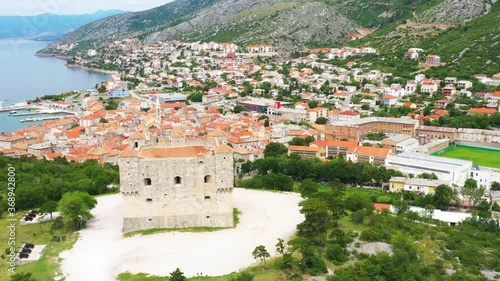 Nehaj fortress and town of Senj in background, Velebit channel of Croatia, drone footage
 photo