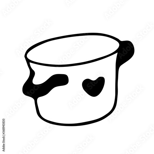 .Black and white hand drawn vector doodle illustration with a pot and a heart print on it.