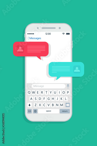 Chat message in phone. Bubble for text in mobile. Chatbot with popup sms in smartphone. Notification in cellphone screen. App for online conversation. Speech or dialog with robot for support. Vector