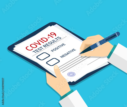 Isometric medical report. Form for covid-19. Checkup or test of patient health. Doctor record about coronavirus in document. Diagnostic and prescription in hospital. Analysis on note board. Vector