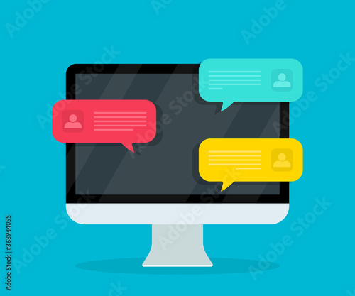 Online chat in computer. Notification with text for sms app. Conversation with help speech bubbles in laptop. Push chatbot concept. Responsive technology for messenger, talk. Social interface. Vector