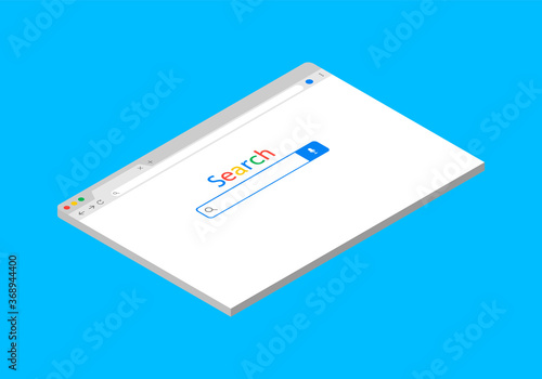 Browser isometric window. Search bar in computer. Internet page with interface. Web site on blank screen. Desktop for laptop, monitor. Website frame with button. Simple isometric url template. Vector
