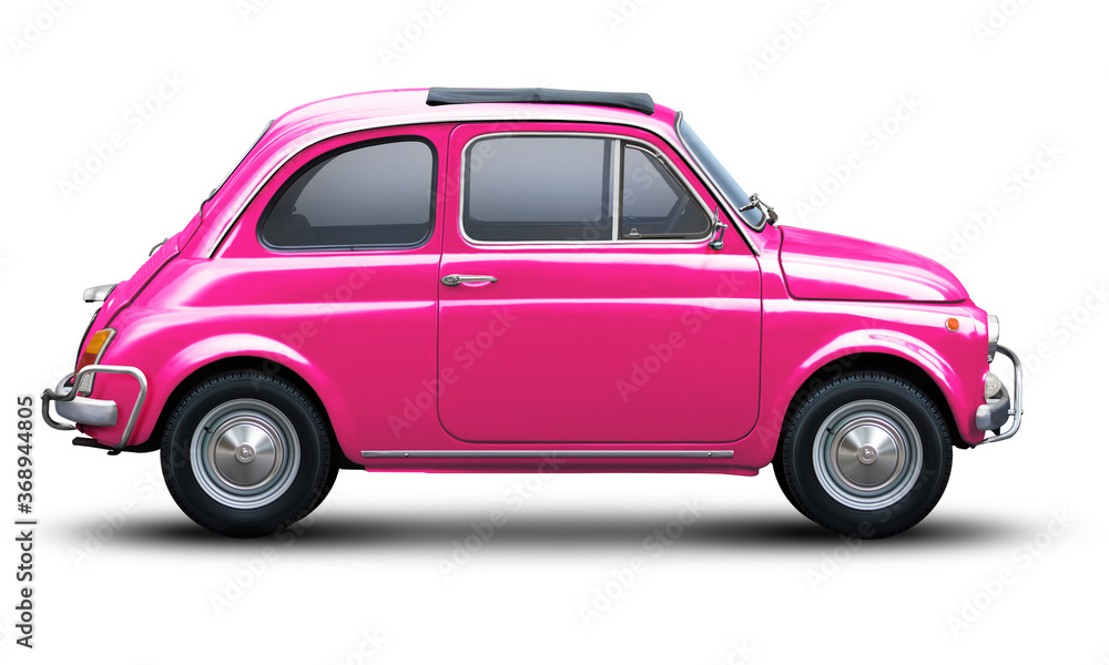 Small retro car of pink color, side view isolated on a white background. - obrazy, fototapety, plakaty 