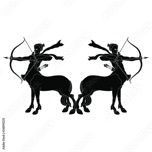Symmetrical decor with two female archer centaurs. Half horse half woman. Black and white silhouette.