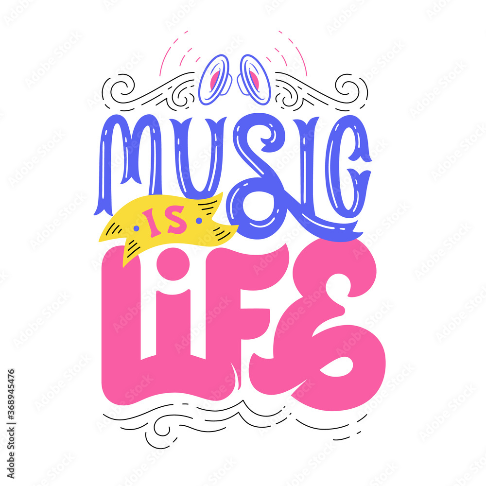 Music is Life. Hand lettering. Design for prints, posters, shirts, postcards, etc. Custom writing letters isolated on white background. Vector illustration. Music is Life. Hand lettering. Design for prints, posters, shirts, postcards, etc. Custom writing letters isolated on white background. Vector illustration.