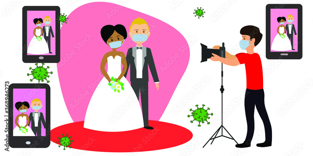 Online wedding ceremony during the pandemic. Groom and bride wearing wedding dress and mask on wedding day. Photographer in mask.