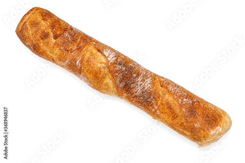 Freshly baked baguette isolated on white background, top view