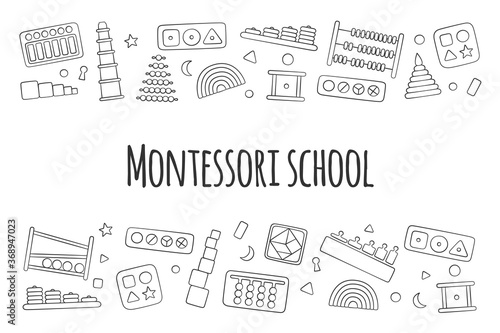 Flyer with kid toys for Montessori games. Education logic toys for preschool children. Vector illustration in doodle style on white background