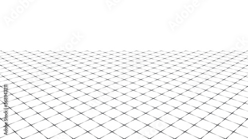 Wireframe mesh grid digital landscape with linear halftone dots . Abstract geometric background . Vector 