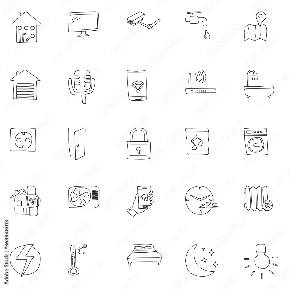 smart house hand drawn linear doodles isolated on white background.smart house icon set for web and ui design, mobile apps and print products