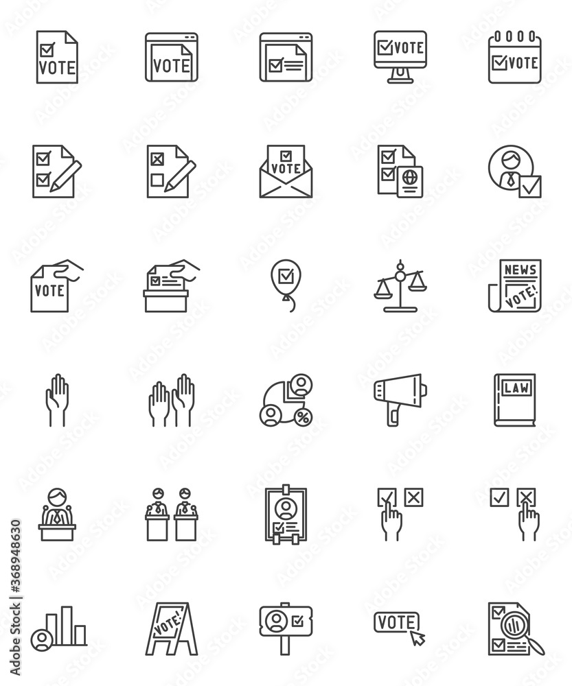 Voting and election line icons set. linear style symbols collection, outline signs pack. vector graphics. Set includes icons as hand voting ballot box, politician speaker, candidates debate, vote here Voting and election line icons set. linear style symbols collection, outline signs pack. vector graphics. Set includes icons as hand voting ballot box, politician speaker, candidates debate, vote here