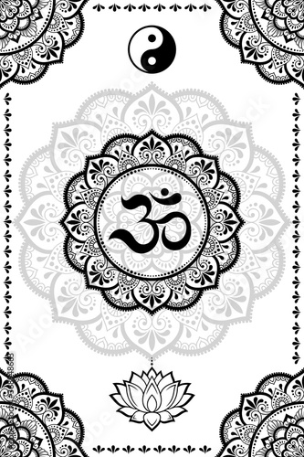 Set of Eastern ethnic religious symbols. Mandala with OM mantra, Yin Yang, Lotus flower. Decorative pattern for henna, mehndi, tattoos, room decoration. Outline doodle vector illustration.