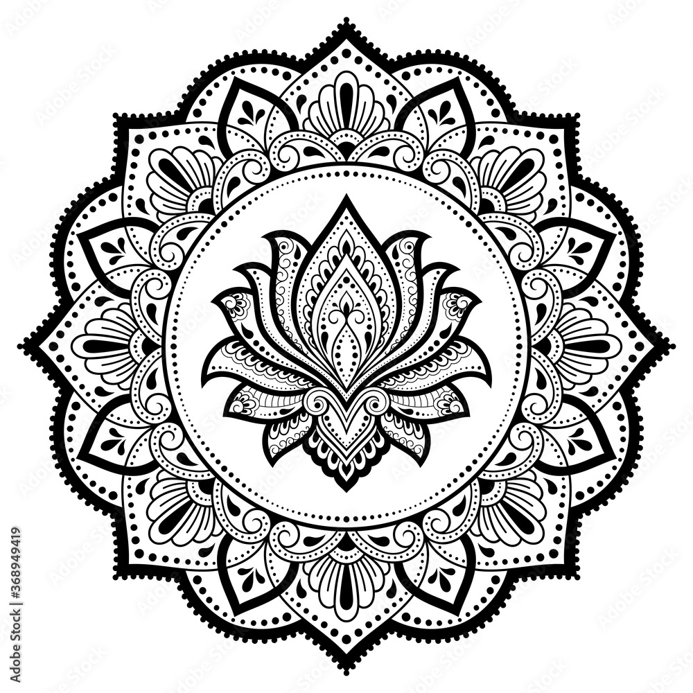 Circular pattern in form of mandala with lotus flower for Henna, Mehndi, tattoo, decoration. Decorative ornament in ethnic oriental style. Outline doodle hand draw vector illustration.