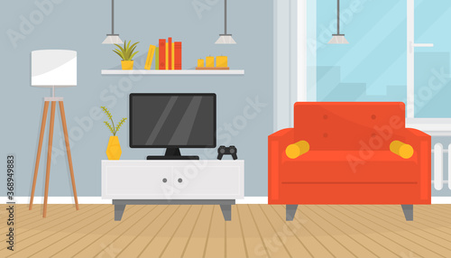 Cozy living room interior with furniture and TV. Stylish armchair, floor lamp, house plants, shelf with books, candles. Big window. Home design. Modern apartment. Flat vector.