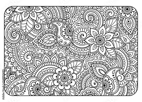 Outline floral pattern in mehndi style for coloring book page. Antistress for adults and children. Doodle ornament in black and white. Hand draw vector illustration.