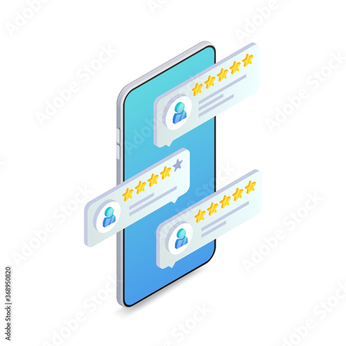 Customer feedback trendy isometric 3d concept. User icon and product review rating messages on smartphone screen. Social Media Digital marketing vector illustration for web, infographics, app.
