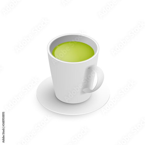 Realistic 3d cup of hot aromatic green Japanese tea matcha. A teacup isometric view isolated on white background. Vector illustration for web, design, menu, app