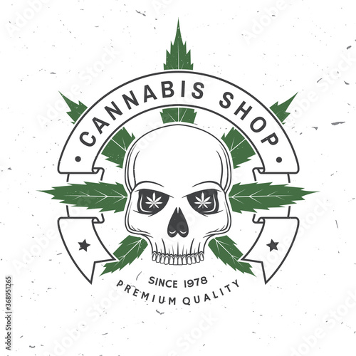 Medical cannabis shop badge, label with skeleton skull. Vector. Vintage typography logo design with cannabis, skeleton skull silhouette For weed shop, cannabis, marijuana delivery service