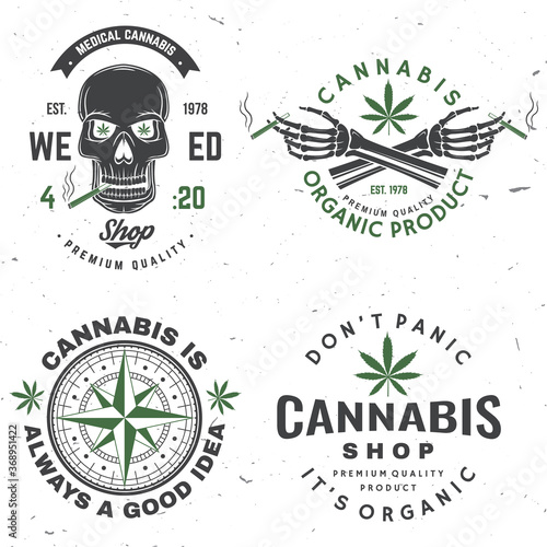 Medical cannabis badge, label with skeleton hand, smoking marijuana Vector. Vintage typography logo design with cannabis, skeleton hand silhouette For weed shop, cannabis, marijuana delivery service