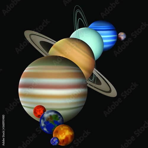 Planets of the solar system. Parade of planets. Mars, Mercury, Earth, Venus, Jupiter, Saturn, Uranus, Neptune, Pluto.