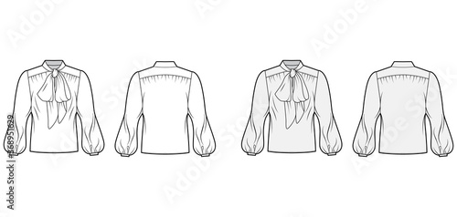 Pussy-bow blouse technical fashion illustration with oversized body, loose fit, long bishop sleeves. Flat apparel shirt template front, back, white and grey color. Women, men and unisex mockup CAD