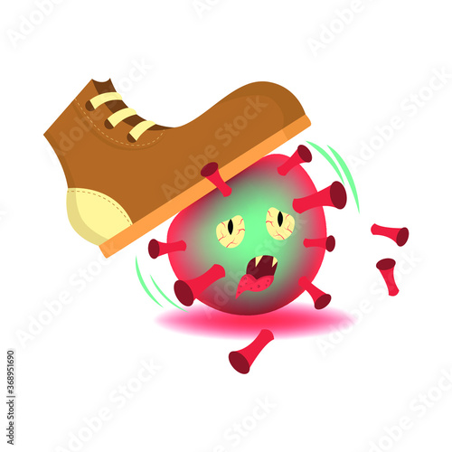 A man crushes with a boot Coronavirus. Conceptual illustration, man versus KOVID19. Victory over the virus. Vector illustration