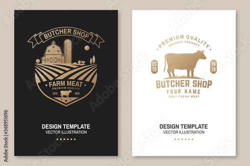 Butcher shop Badge or Label with cow, Beef, farm. Vector. Vintage typography logo design with cow silhouette. Elements on the theme of the butchery meat shop, market, restaurant business.