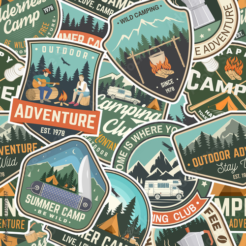 Summer camp colorful seamless pattern with rv trailer, camping tent, campfire, bear, man with guitar and forest. Vector. Background, wallpaper, seamless pattern with patches
