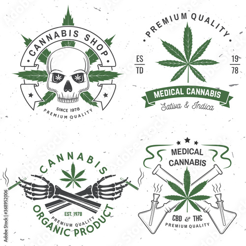 Set of medical cannabis badge, label with skull, skeleton hand, smoking marijuana. Vector Vintage typography logo design with cannabis, skeleton hand silhouette For weed shop, marijuana delivery