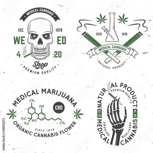 Medical cannabis badge, label with skeleton hand, smoking marijuana Vector. Vintage typography logo design with cannabis, skeleton hand silhouette For weed shop, cannabis, marijuana delivery service