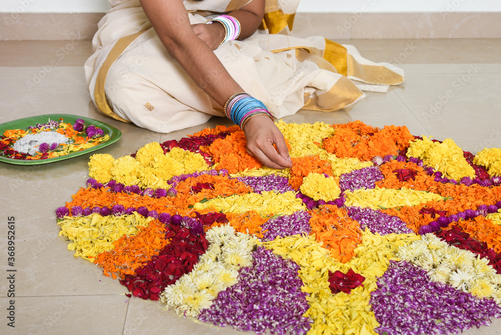 Kerala Onam festival, Indian woman putting Flower bed or Pookalam