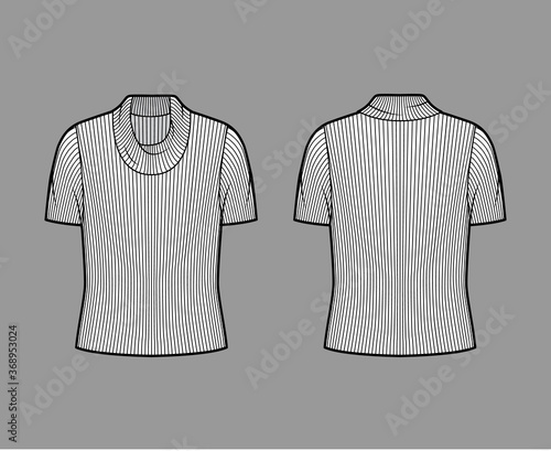Ribbed cowl turtleneck knit sweater technical fashion illustration with short rib sleeves, oversized body. Flat outwear apparel template front, back white color. Women, men unisex shirt top CAD mockup