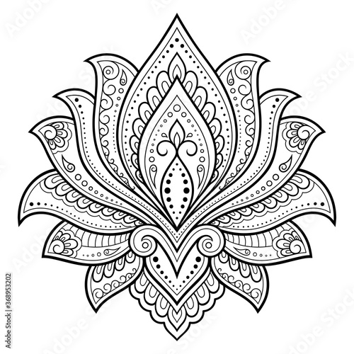 Lotus mehndi flower pattern for Henna drawing and tattoo. Decoration in oriental, Indian style. Doodle ornament. Outline hand draw vector illustration.